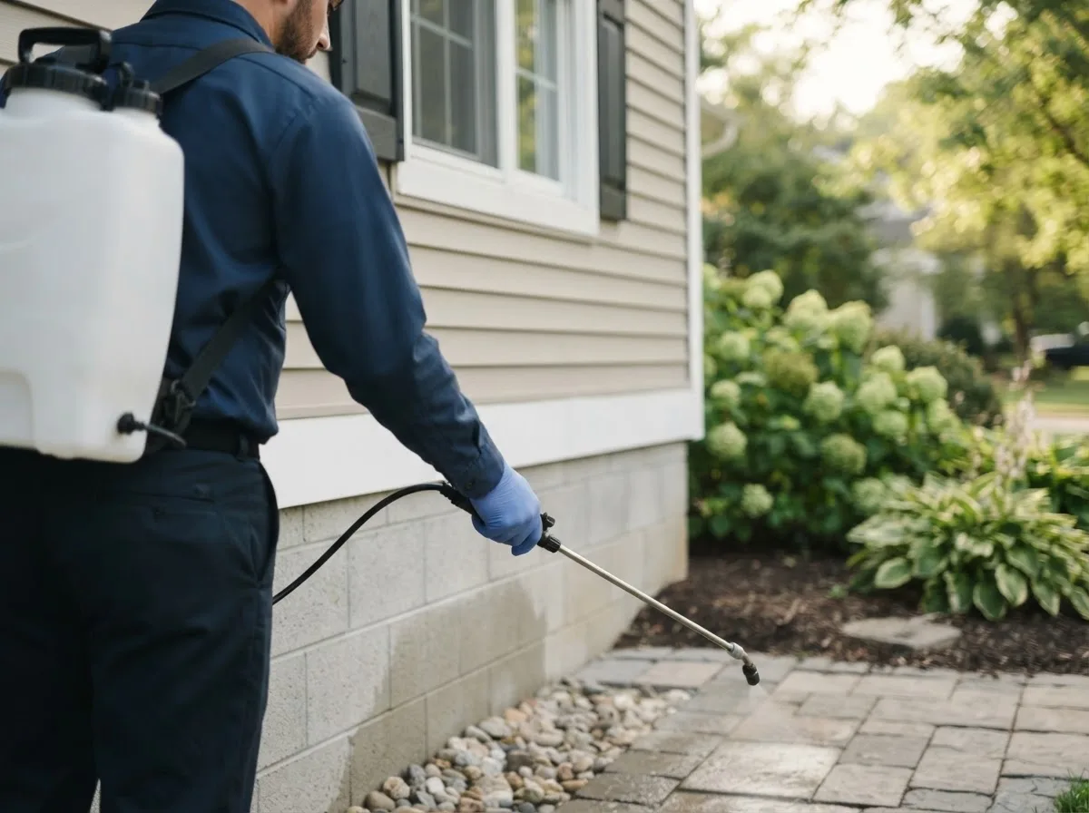 Pest control technician inspecting a home in Arnold, NE
